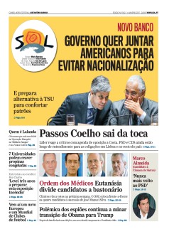 Capa Jornal Nascer do Sol s�bado, 14 / janeiro / 2017